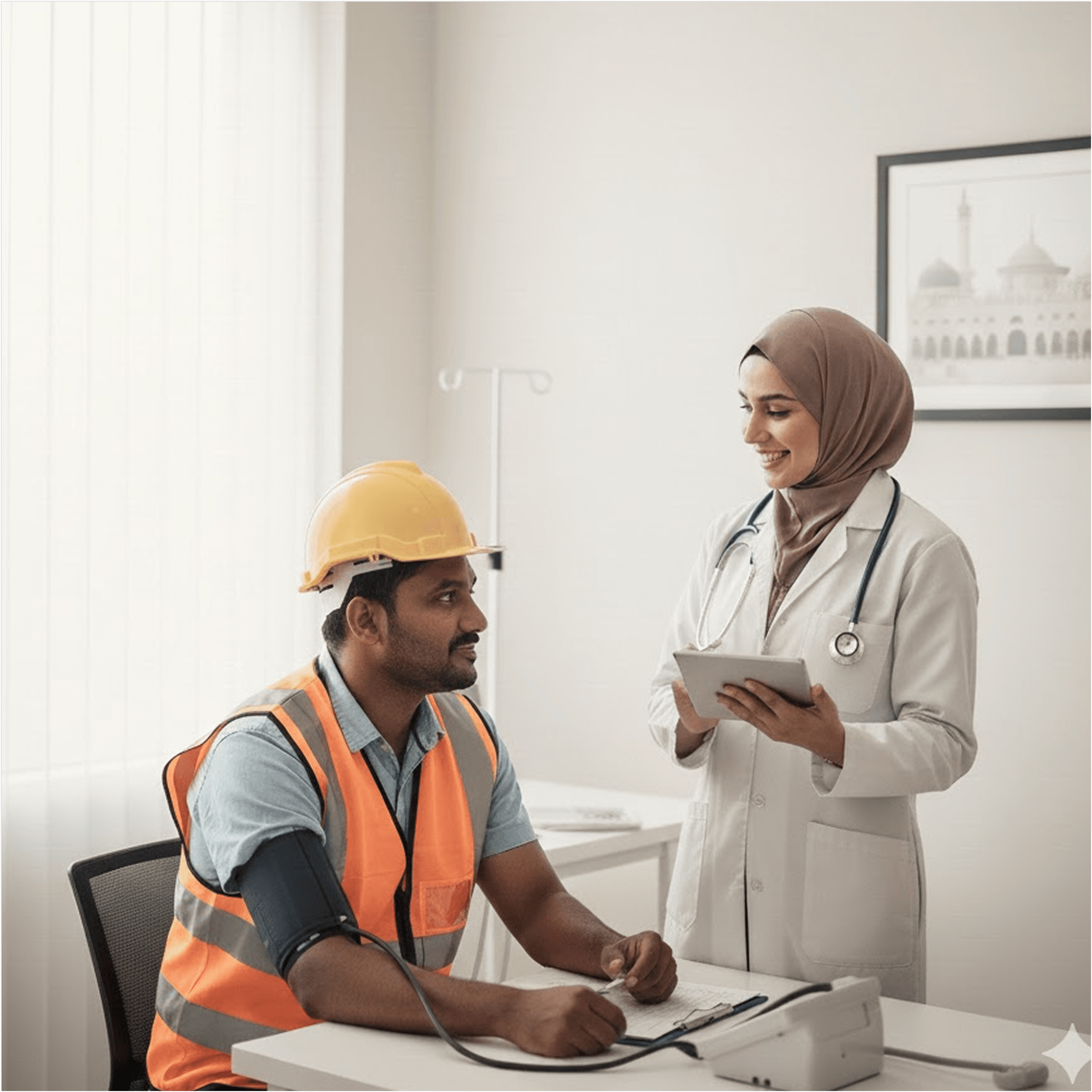 A healthcare worker consulting with a construction worker wearing a safety helmet.