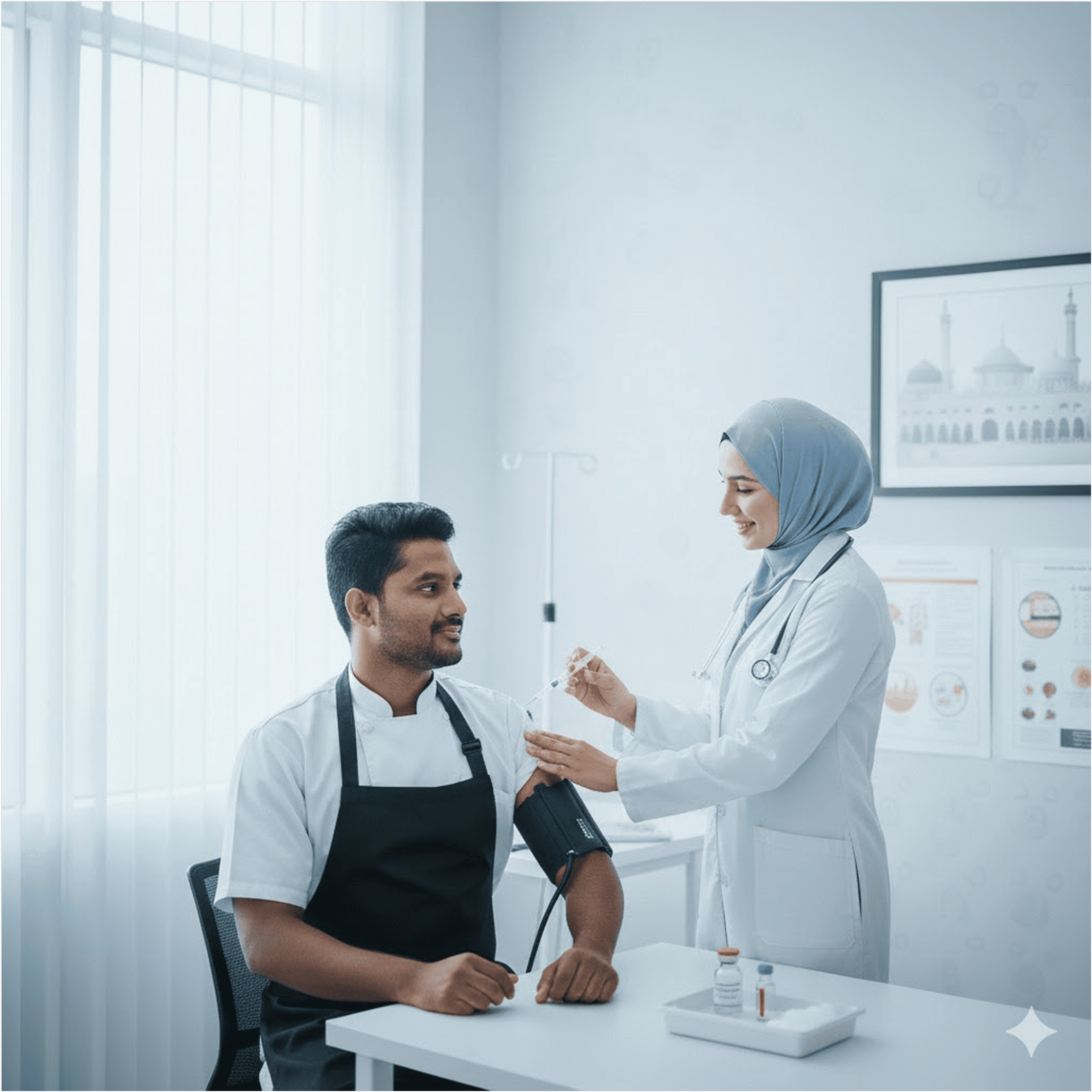 A nurse giving a man a vaccine injection in the arm.
