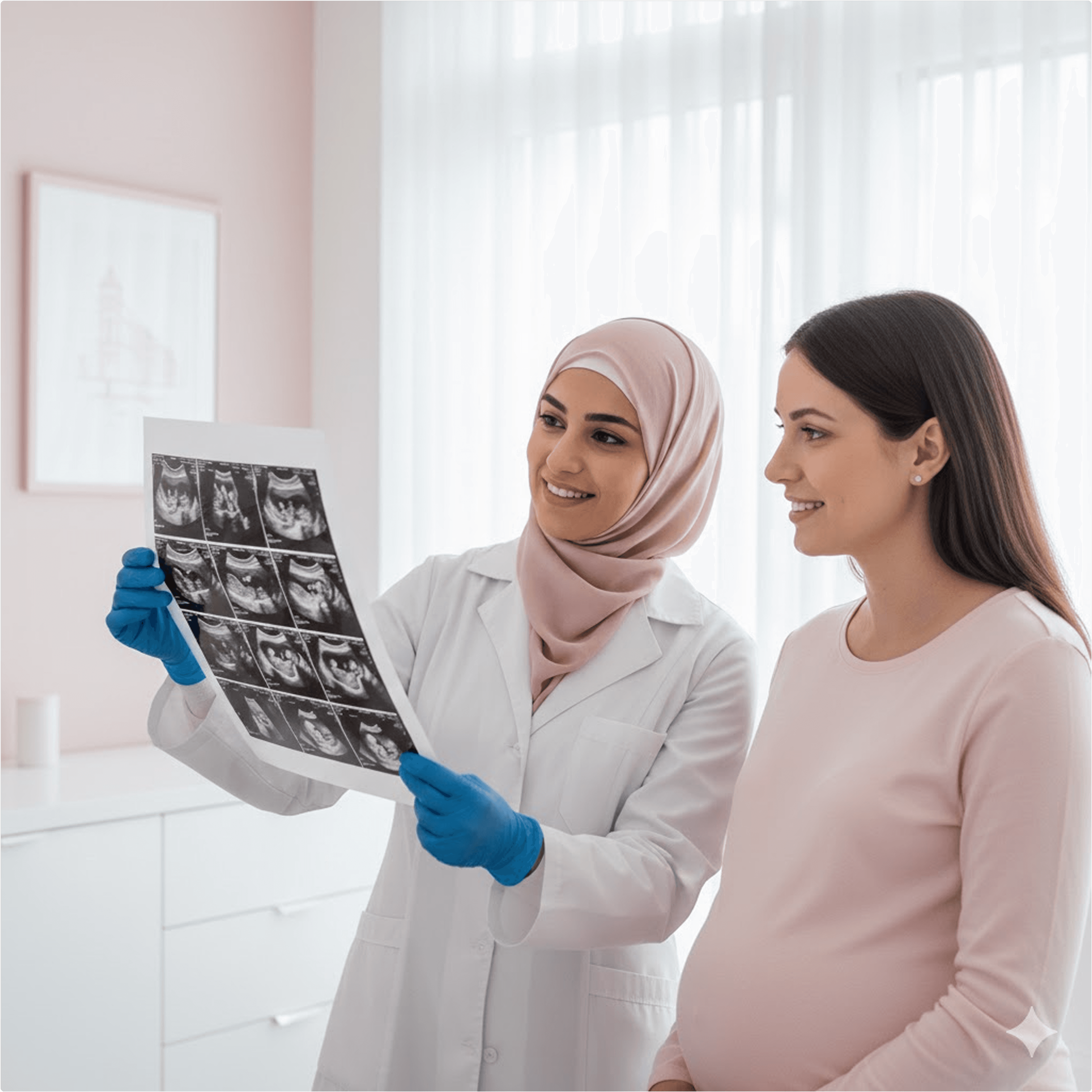 A female doctor showing ultrasound scans to a pregnant woman.